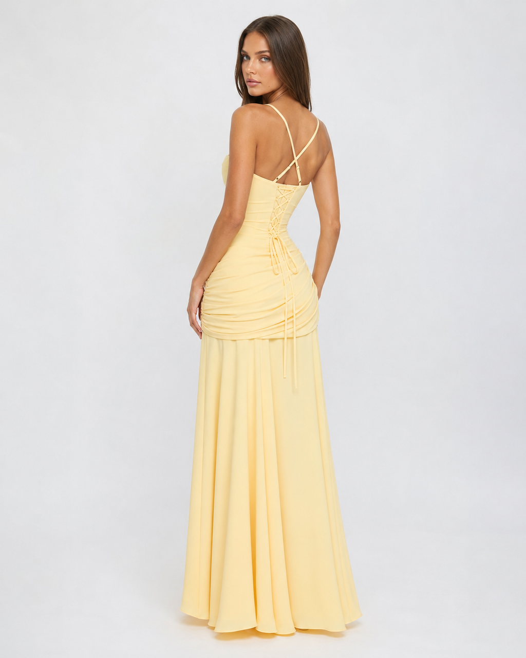 Vestido largo con escote cuadrado fruncido