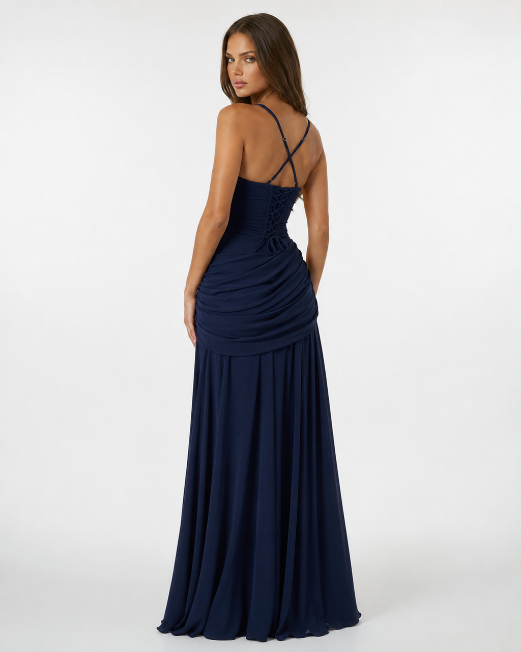 Vestido largo con escote cuadrado fruncido
