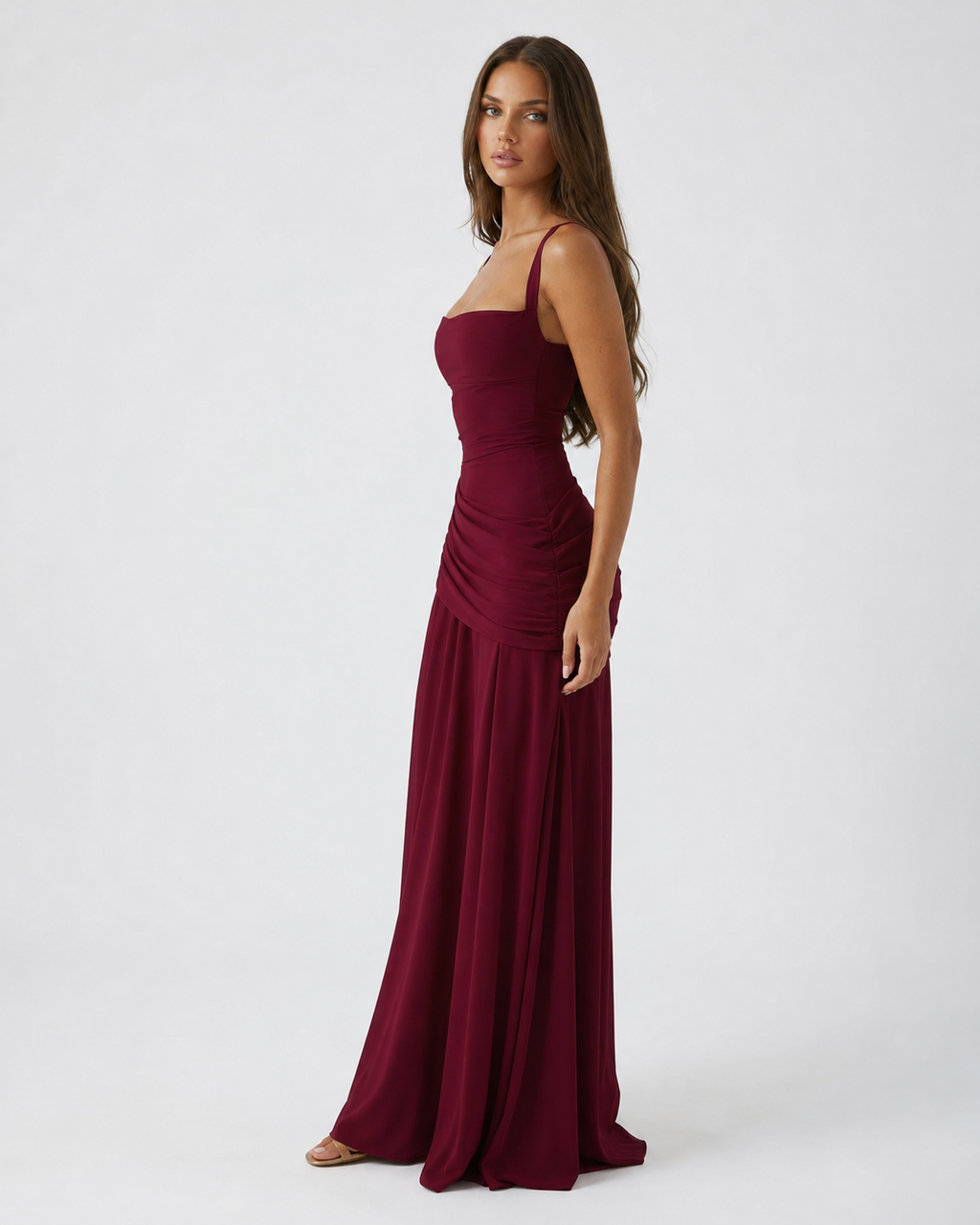 Vestido largo con escote cuadrado fruncido