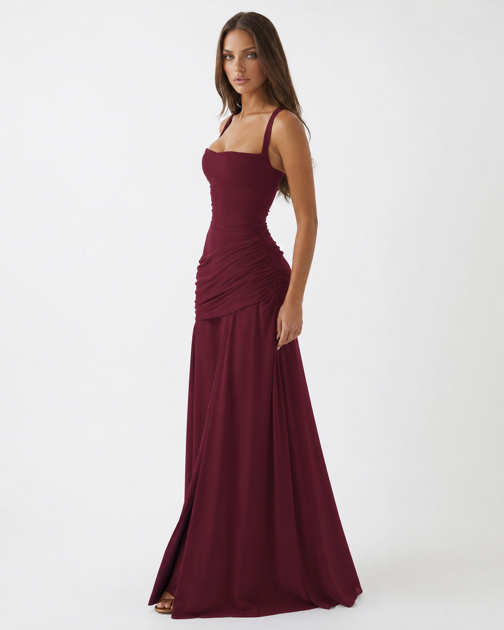 Vestido largo con escote cuadrado fruncido