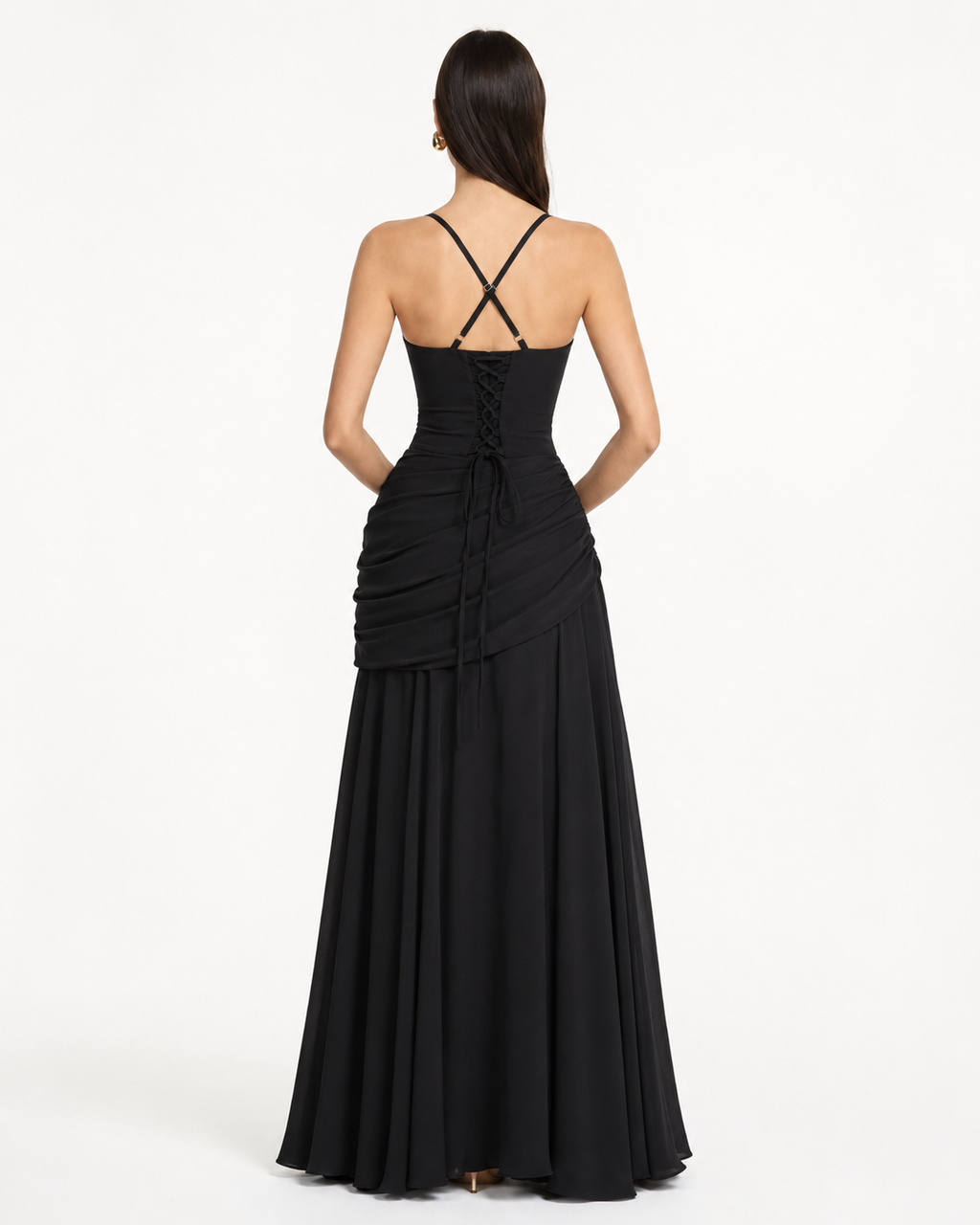 Vestido largo con escote cuadrado fruncido