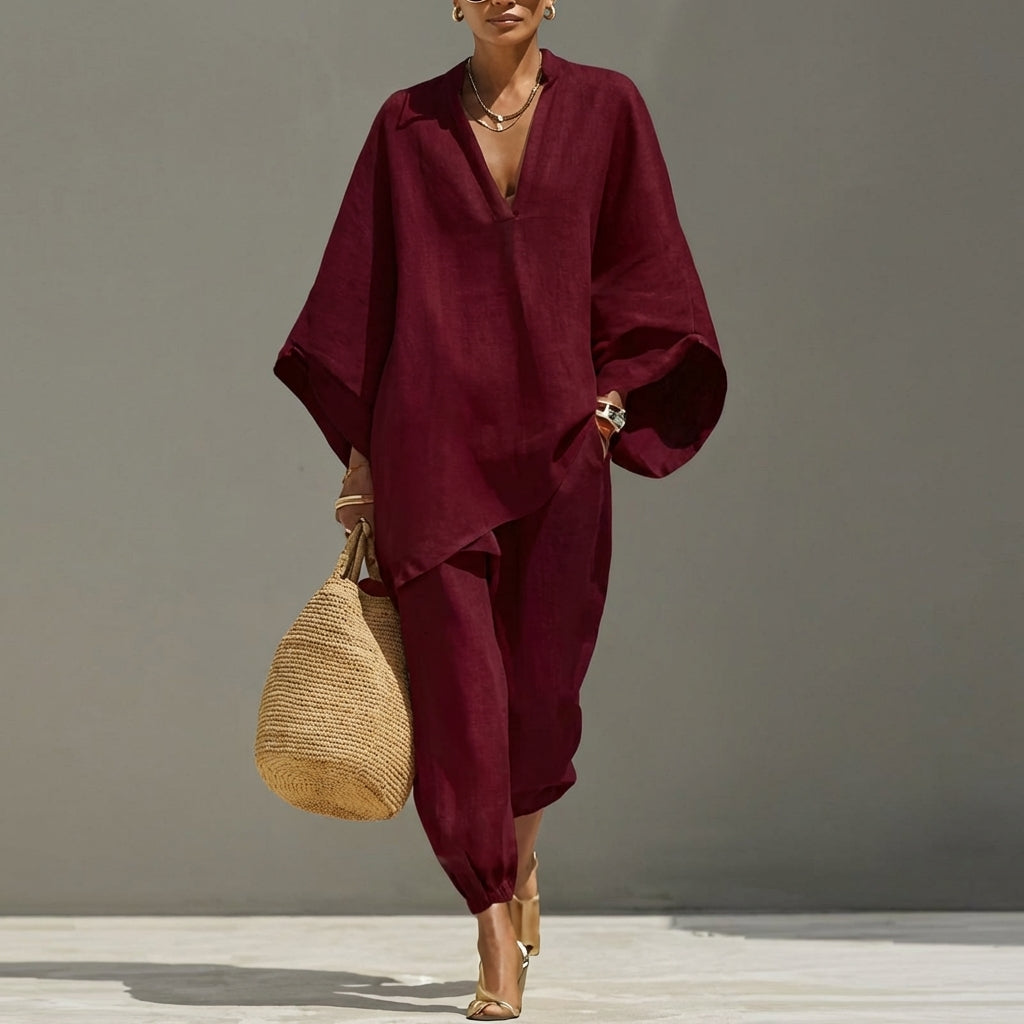 Conjunto de dos piezas con cuello en V para mujer