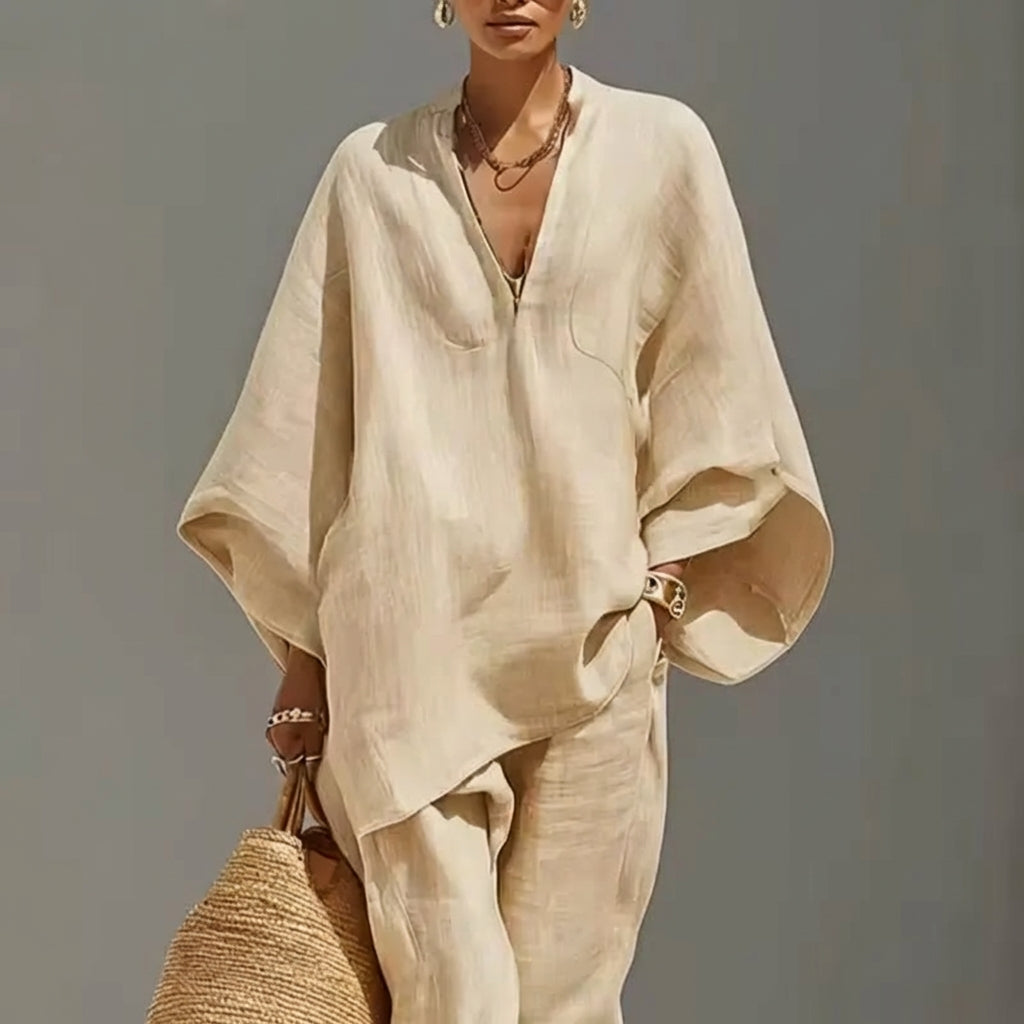 Conjunto de dos piezas con cuello en V para mujer
