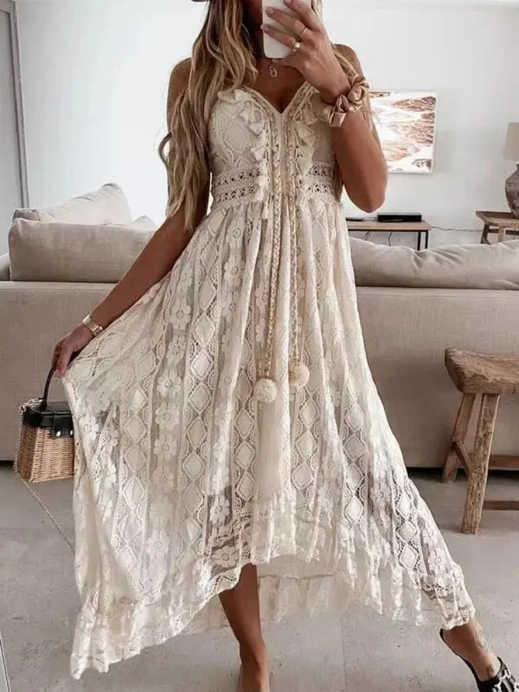 Vestido largo con cuello en V y encaje «Alina»
