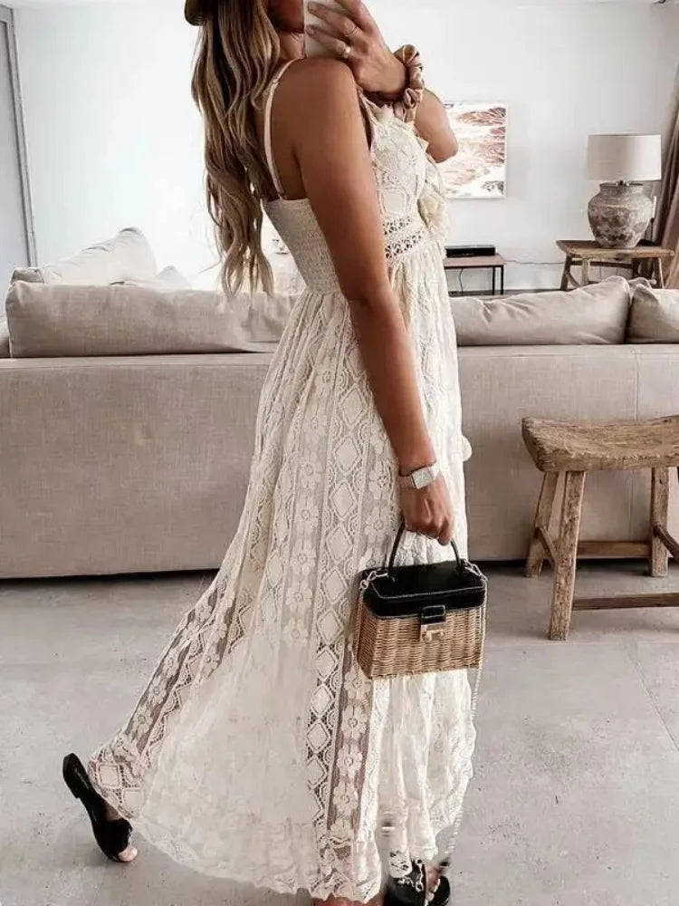 Vestido largo con cuello en V y encaje «Alina»