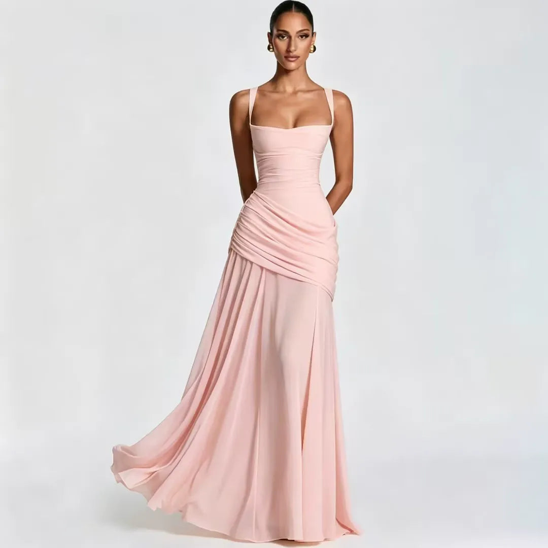Vestido largo con escote cuadrado fruncido