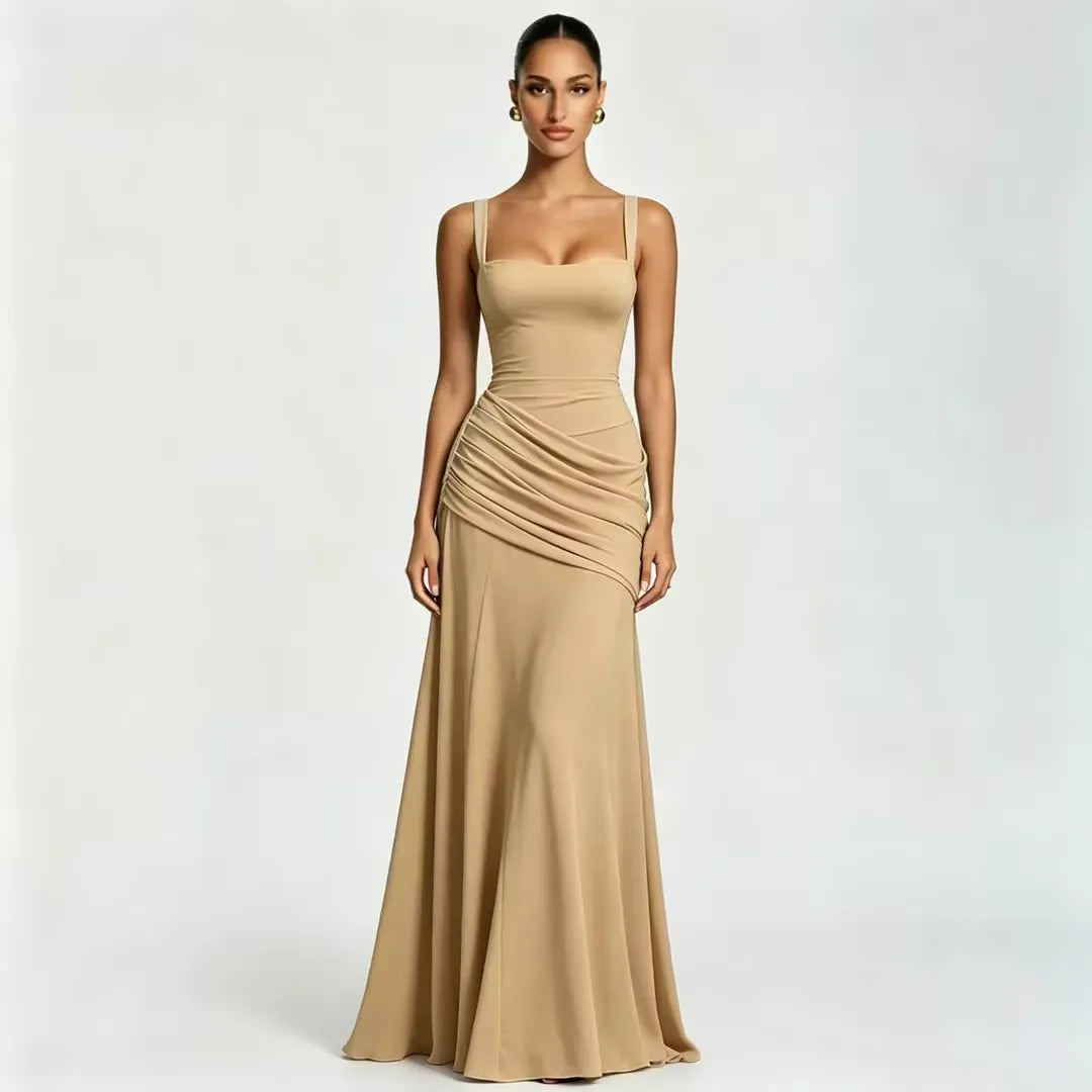 Vestido largo con escote cuadrado fruncido