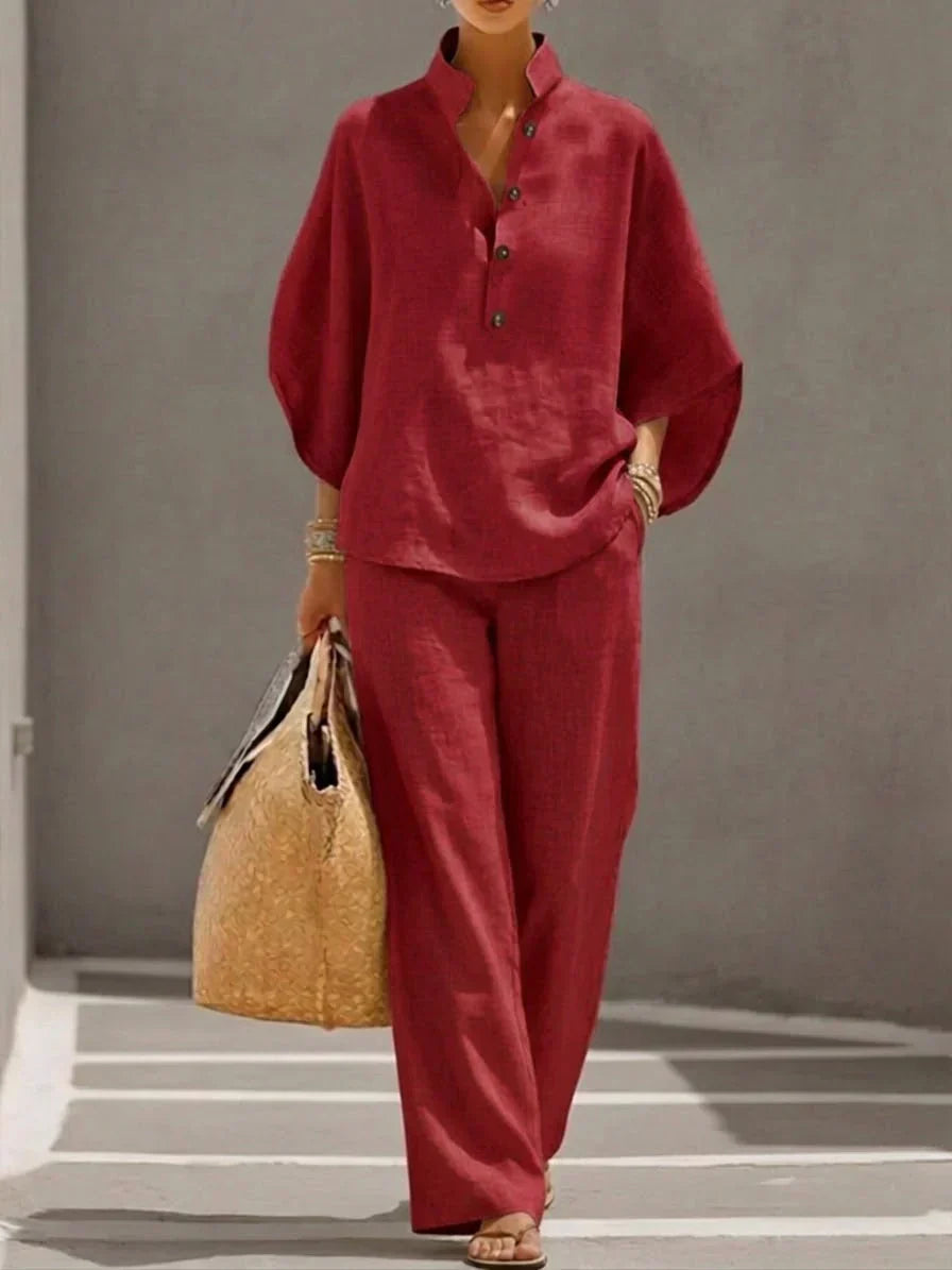 Conjunto de lino con mangas de murciélago y pantalones anchos